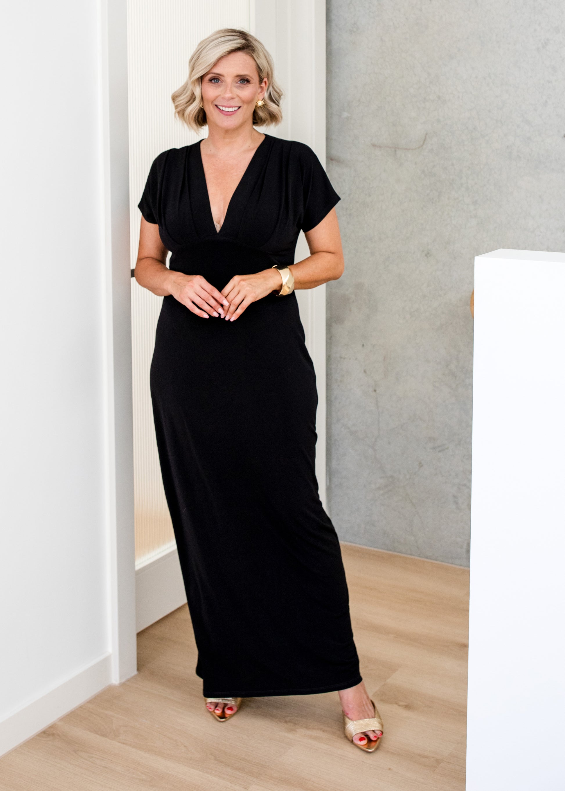 Jersey V Neck Plunge Maxi Dress in Black