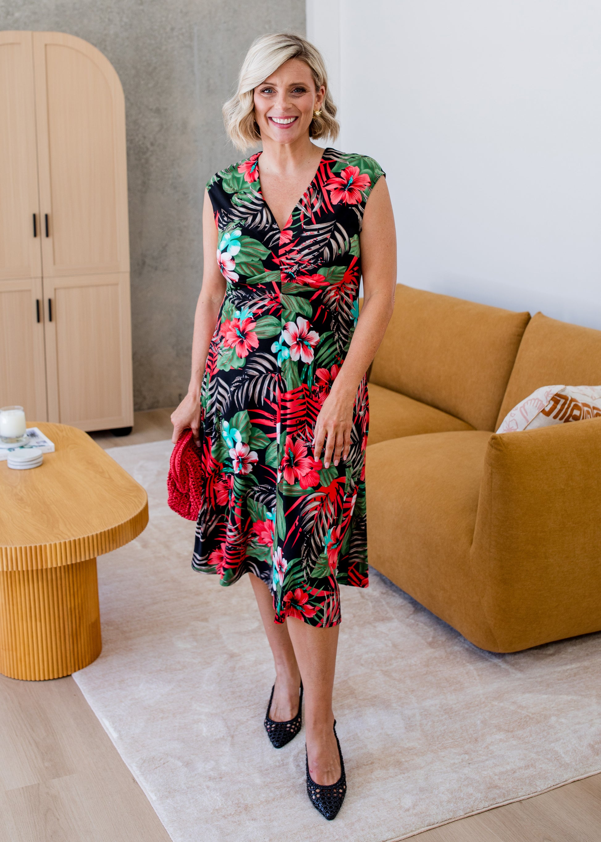 Jersey Swing Cut Sleeveless Midi Dress in Red Green Tropical Print