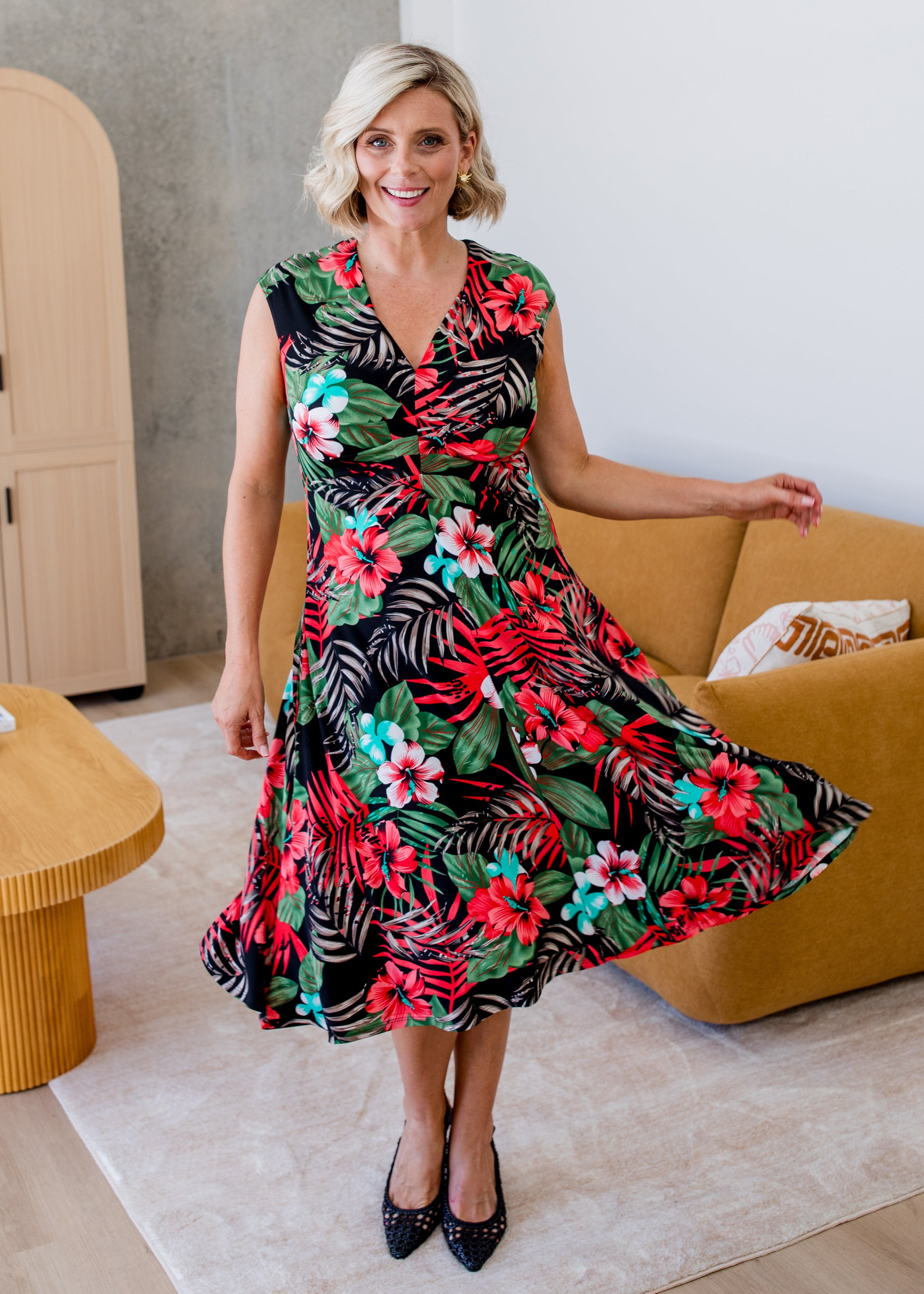 Jersey Swing Cut Sleeveless Midi Dress in Red Green Tropical Print