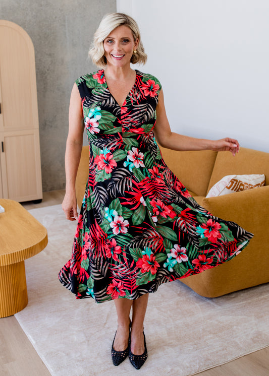 Jersey Swing Cut Sleeveless Midi Dress in Red Green Tropical Print