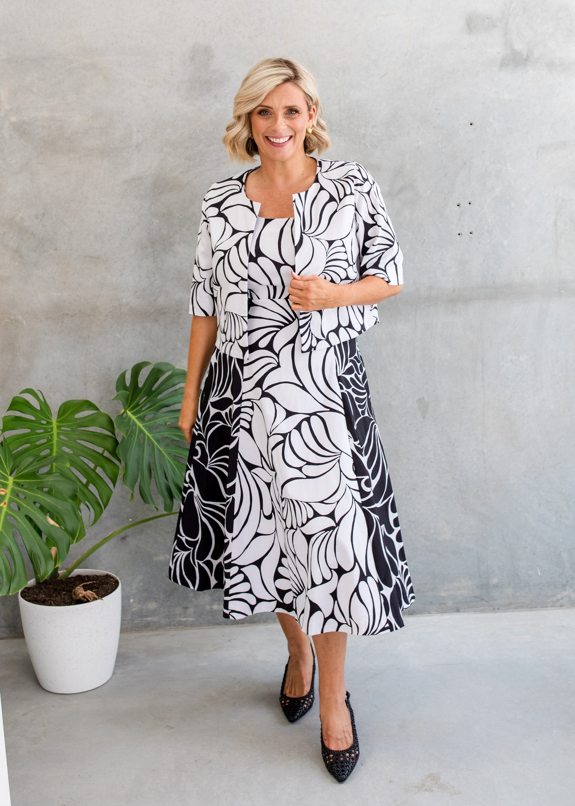 Bengaline Printed Panelled Crop Jacket in Black and White Print