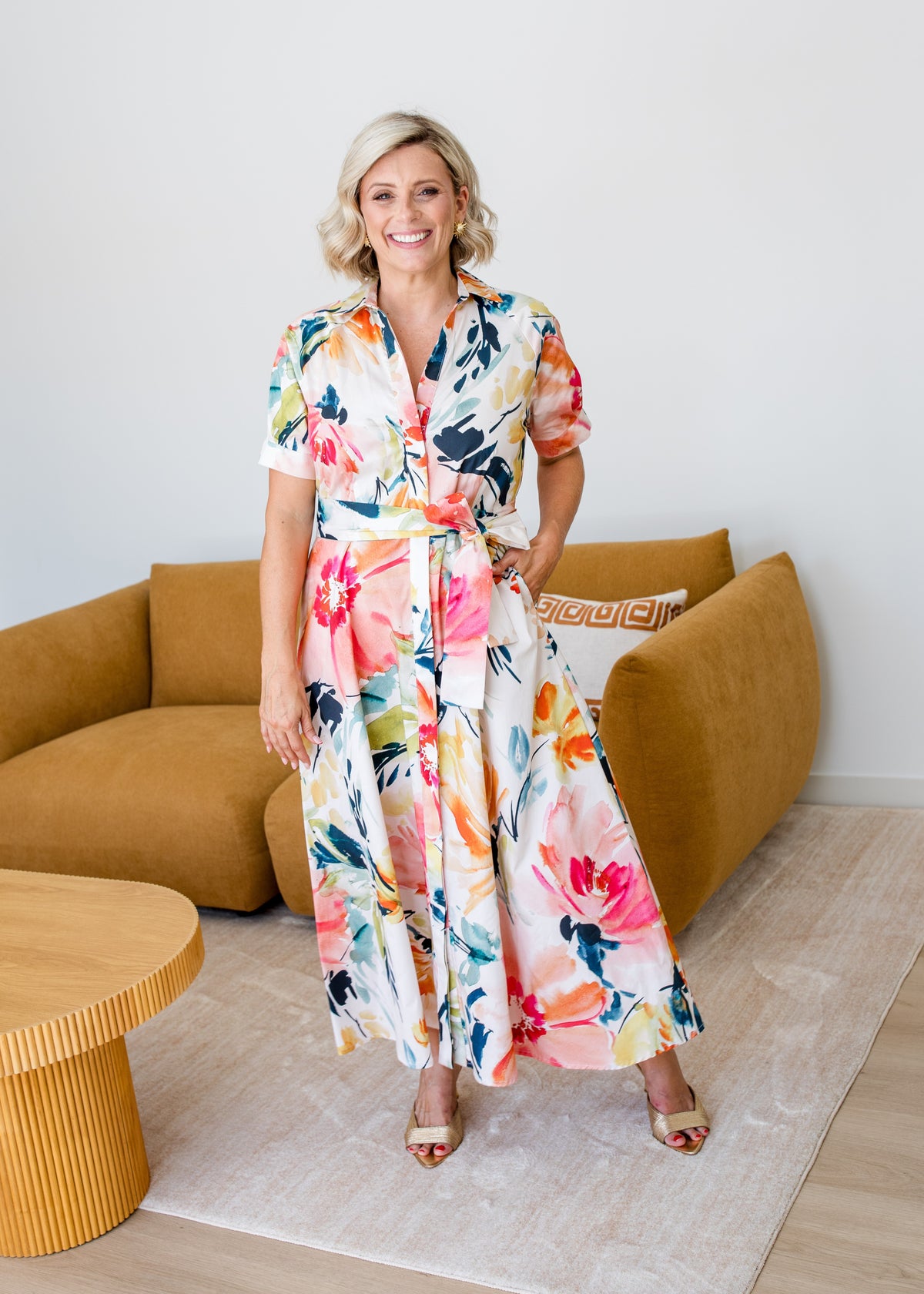 Cotton Printed Short Sleeve Midi Shirt Dress in Love Story