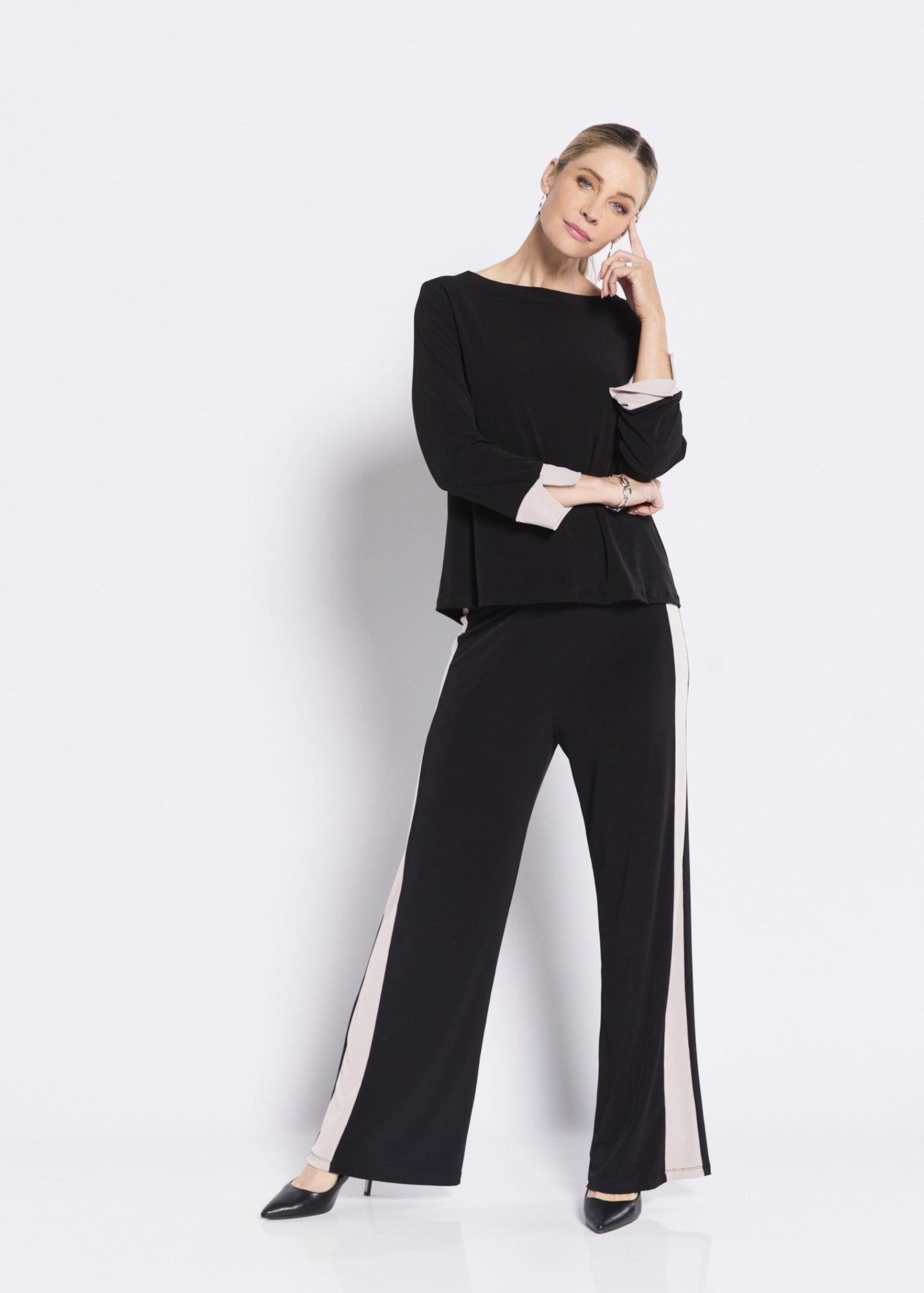 Pitt Foundation slinky jersey spliced top  and Ferrari Foundation slinky. jersey spliced pant - ethical slow fashion made in Australia by Philosophy Australia