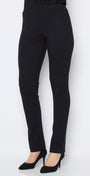 A model wearing black full length straight leg ponte pants with an elastic waistband.