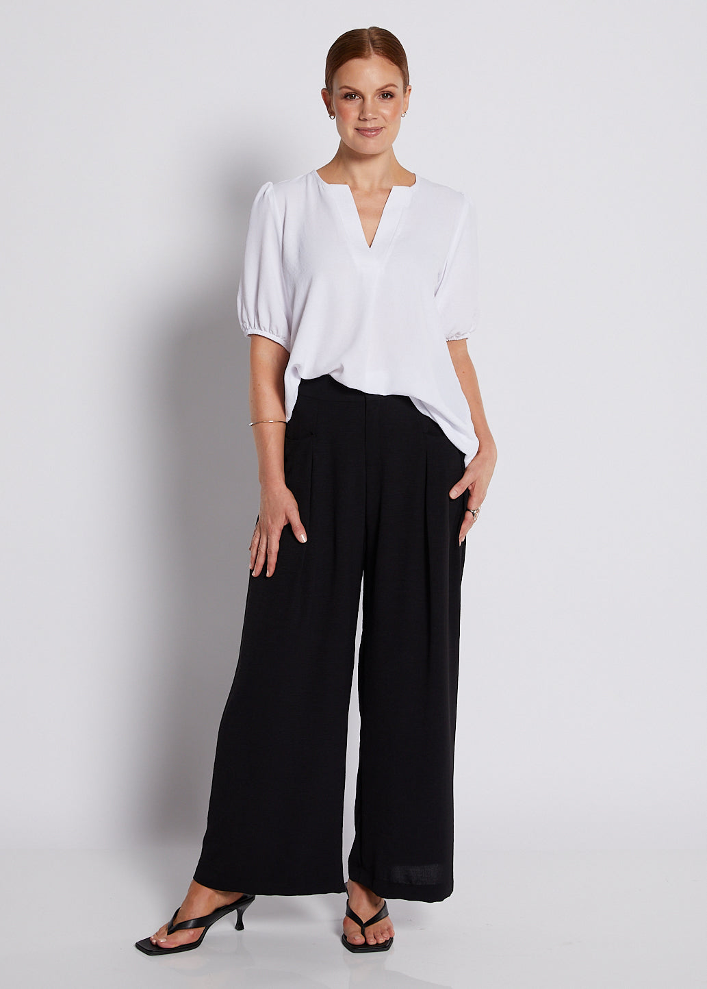 Crepe Notch Neck Short Sleeve Blouse in White