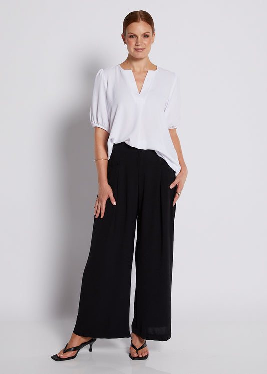 Crepe Notch Neck Short Sleeve Blouse in White