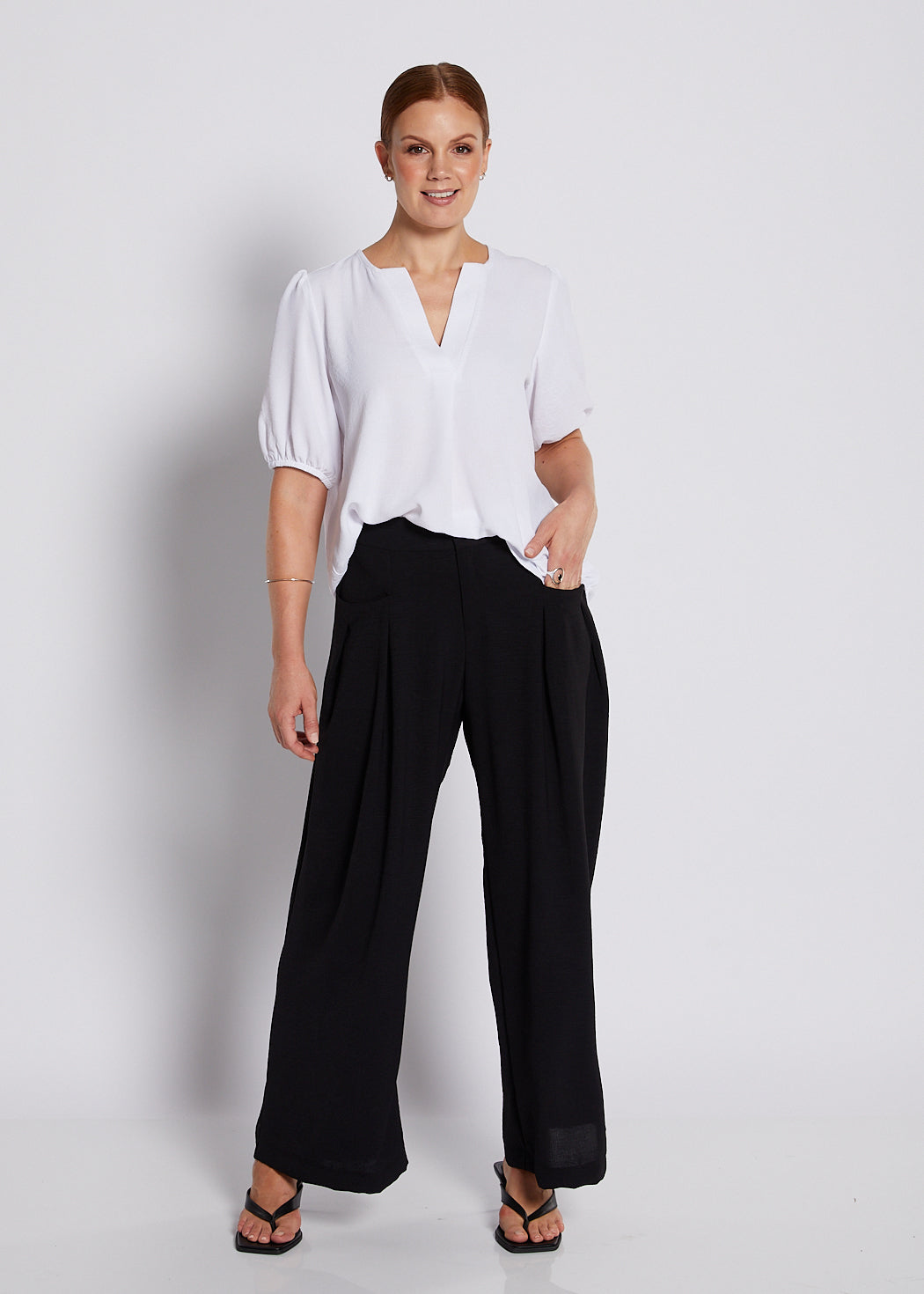 Crepe Notch Neck Short Sleeve Blouse in White