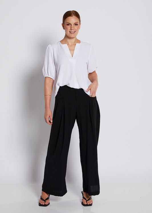 Crepe Notch Neck Short Sleeve Blouse in White
