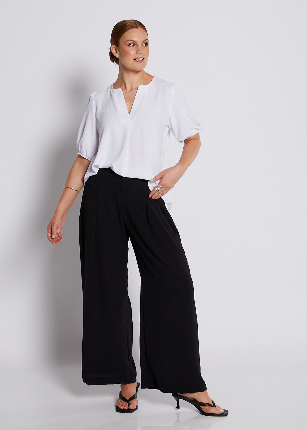 Crepe Notch Neck Short Sleeve Blouse in White