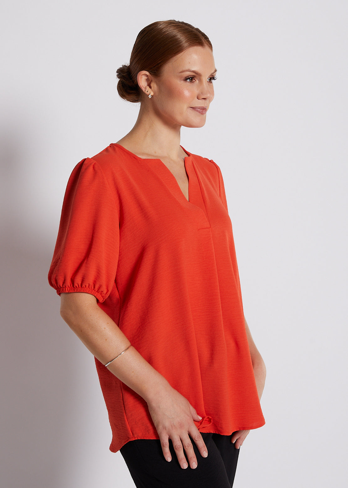 Crepe Notch Neck Short Sleeve Blouse in Orange
