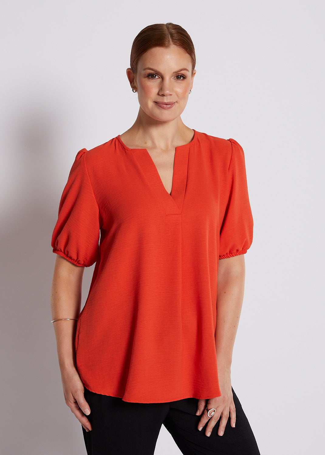Crepe Notch Neck Short Sleeve Blouse in Orange