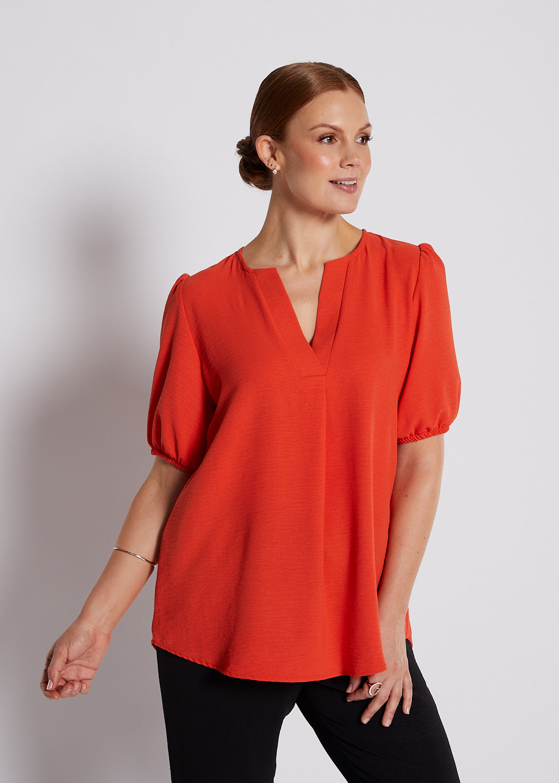 Crepe Notch Neck Short Sleeve Blouse in Orange