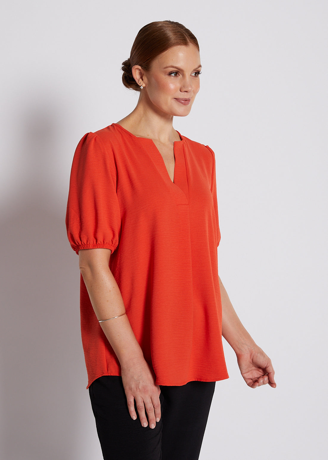 Crepe Notch Neck Short Sleeve Blouse in Orange