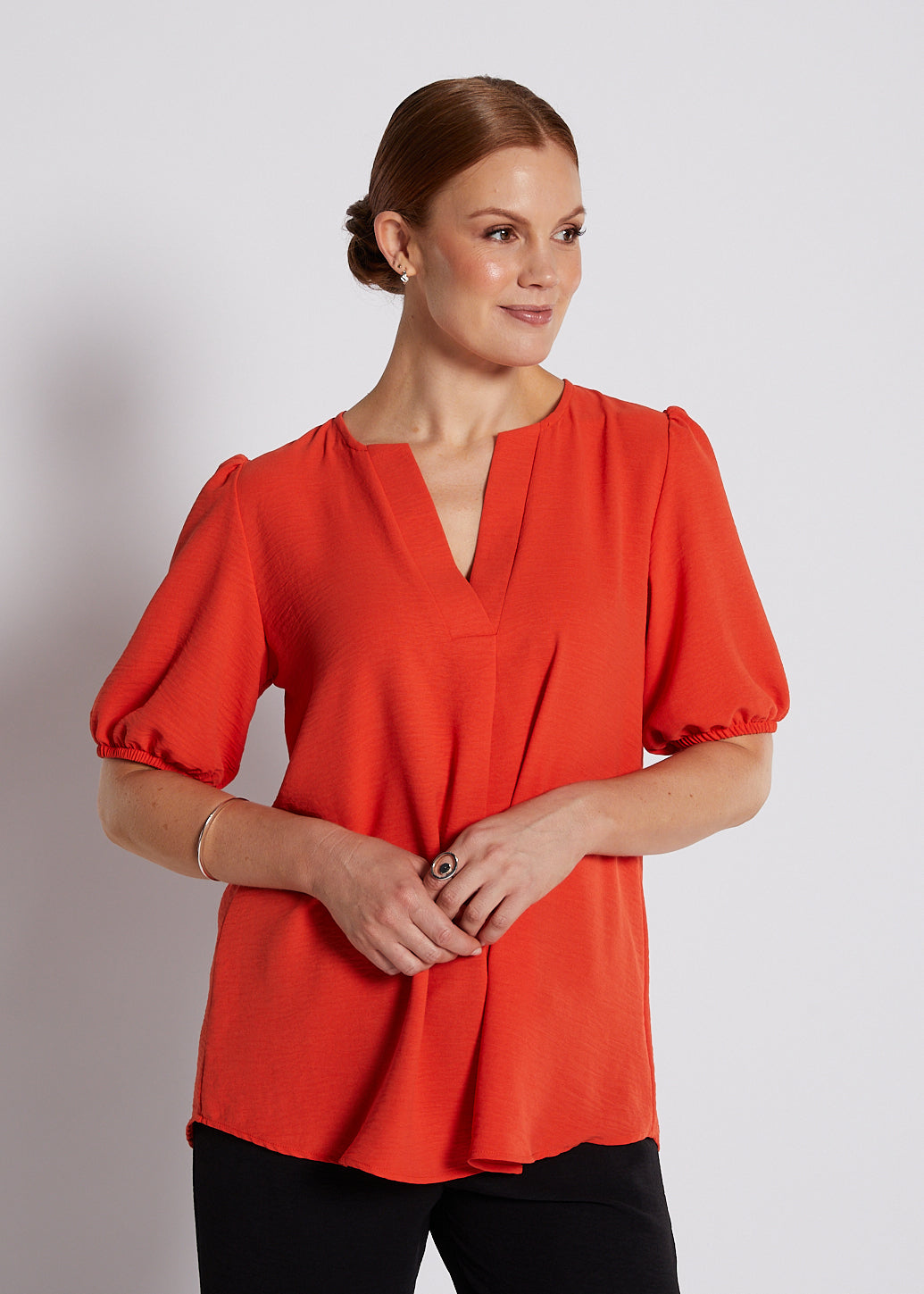 Crepe Notch Neck Short Sleeve Blouse in Orange