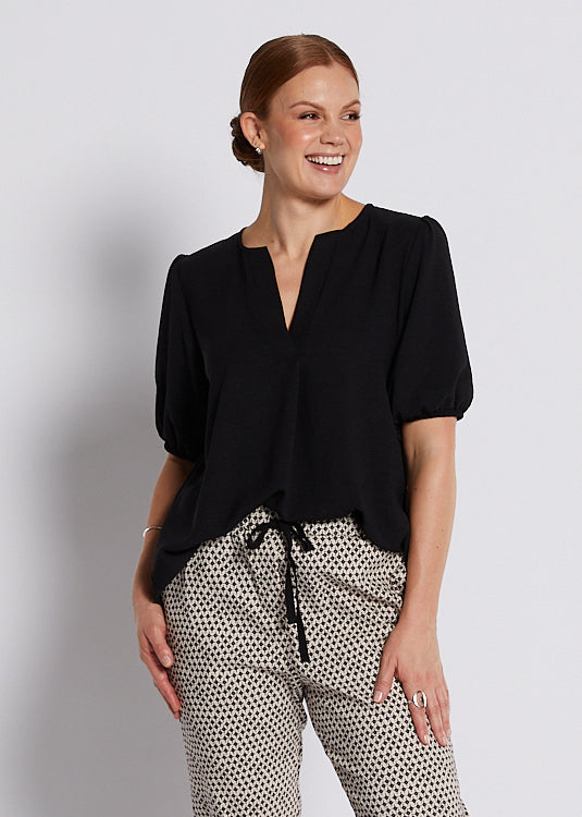 Crepe Notch Neck Short Sleeve Blouse in Black