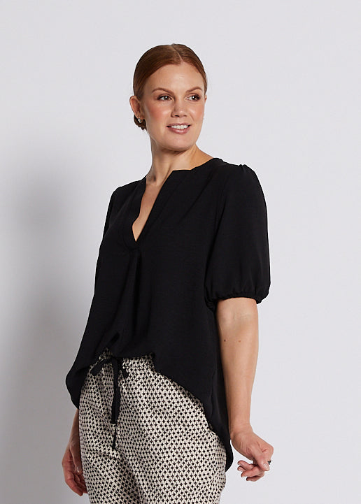 Crepe Notch Neck Short Sleeve Blouse in Black
