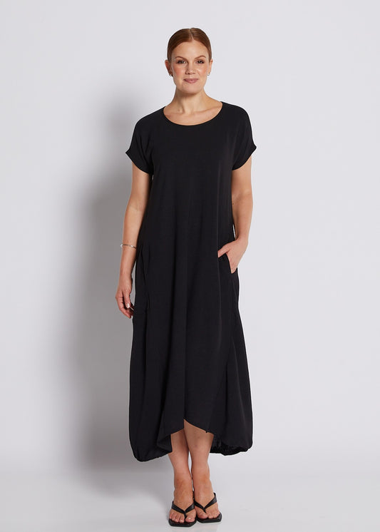 Crepe Relaxed Short Sleeve Midi Dress in Black