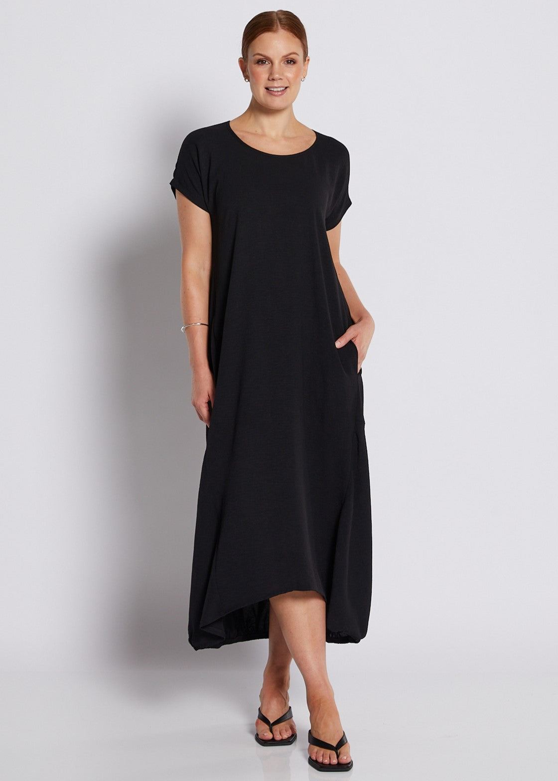 Crepe Relaxed Short Sleeve Midi Dress in Black