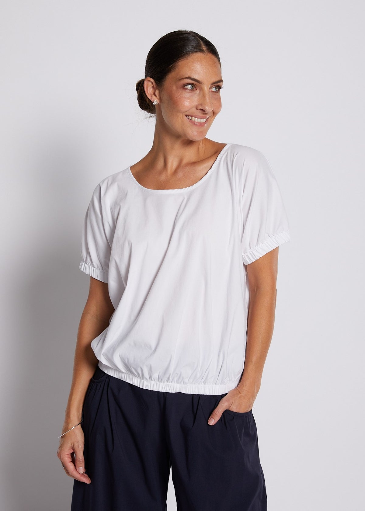Cotton Relaxed  Puff Short Sleeve Top in White