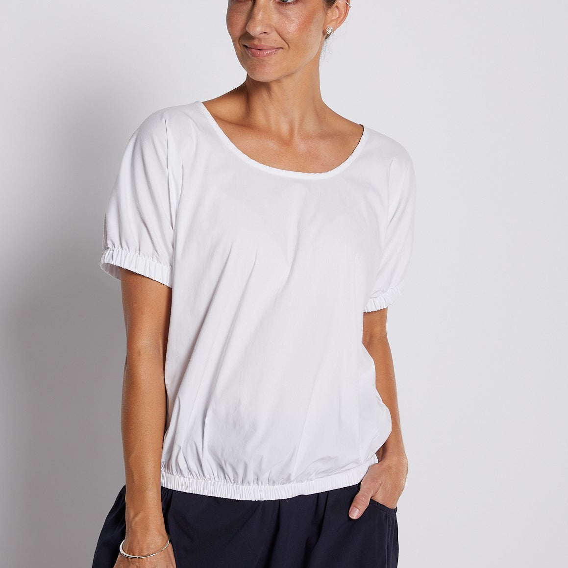 Cotton Relaxed  Puff Short Sleeve Top in White