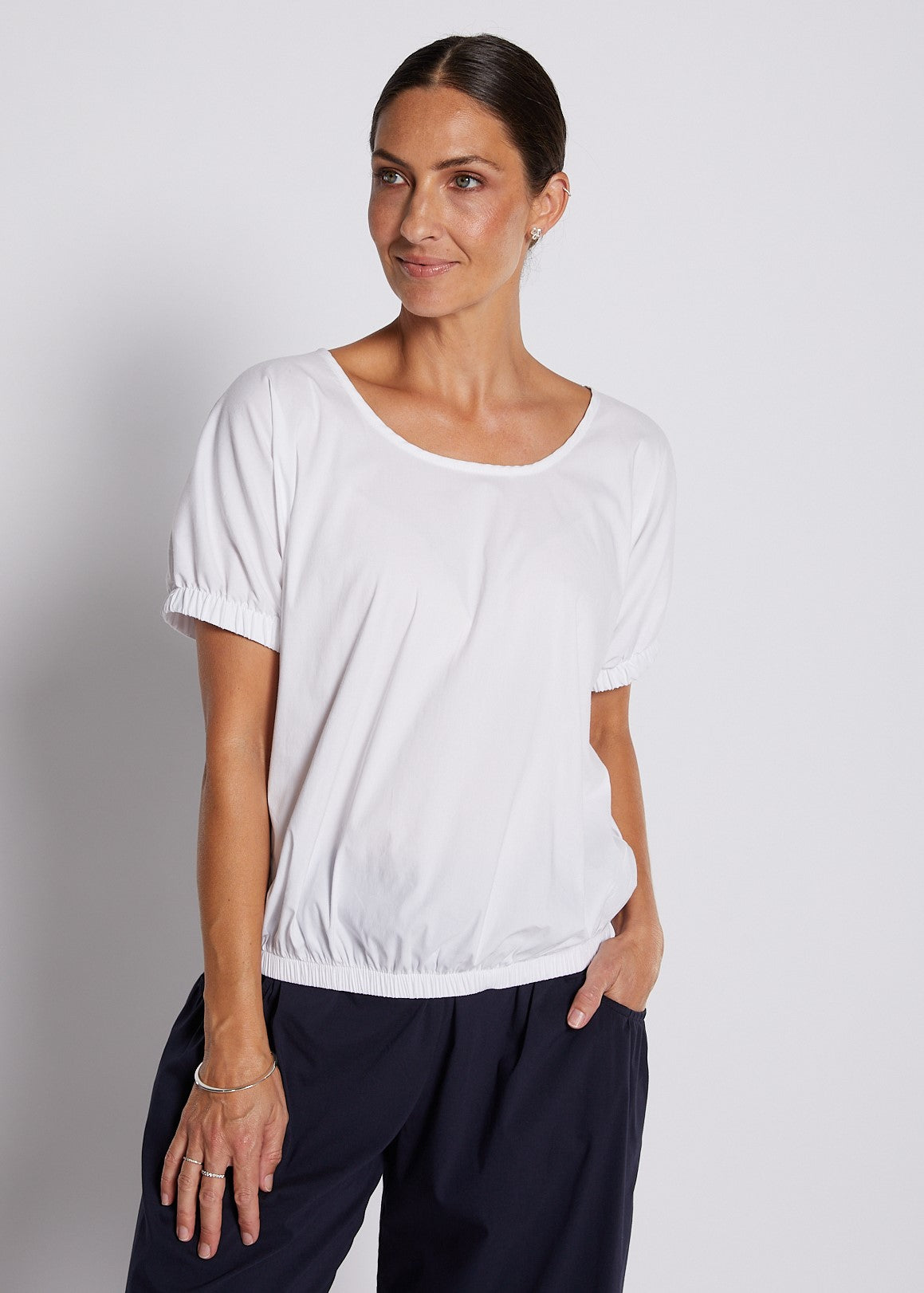 Cotton Relaxed  Puff Short Sleeve Top in White