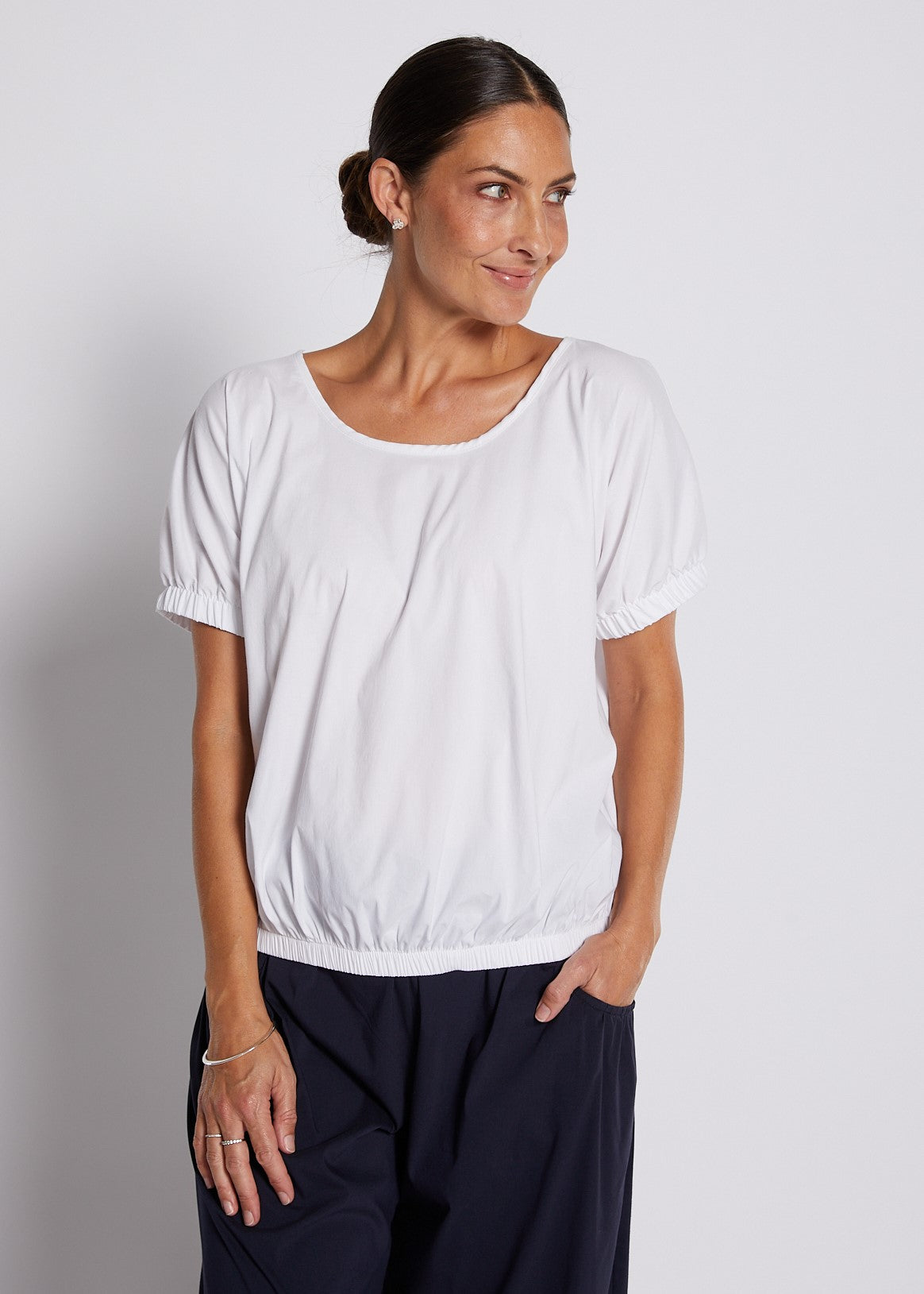Cotton Relaxed  Puff Short Sleeve Top in White