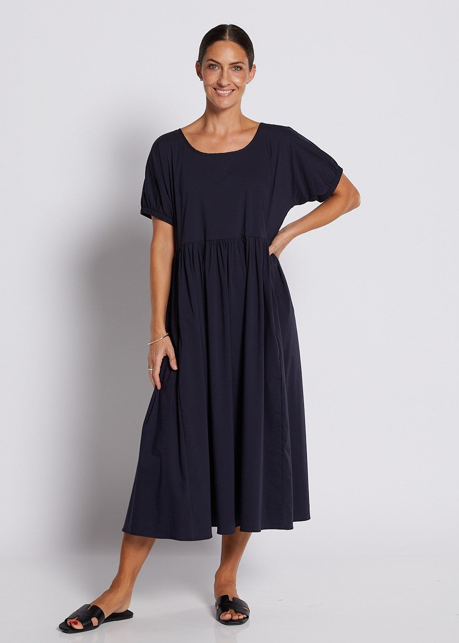 Cotton Relaxed Short Sleeve Midi Dress in Navy