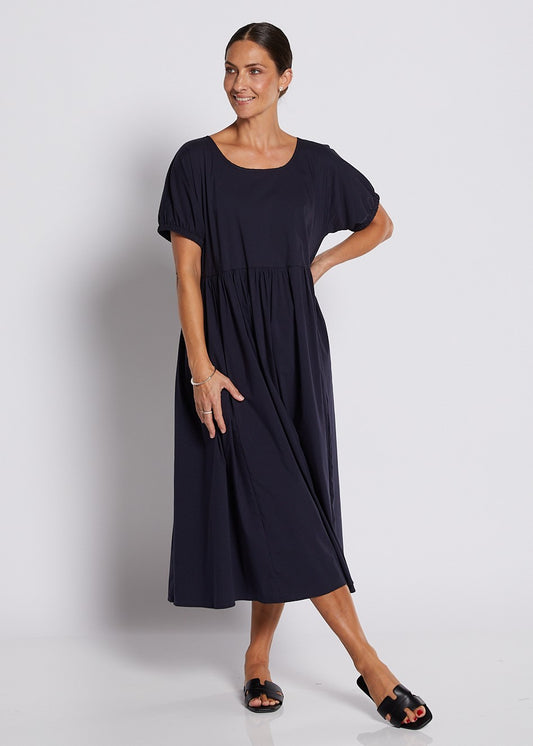 Cotton Relaxed Short Sleeve Midi Dress in Navy