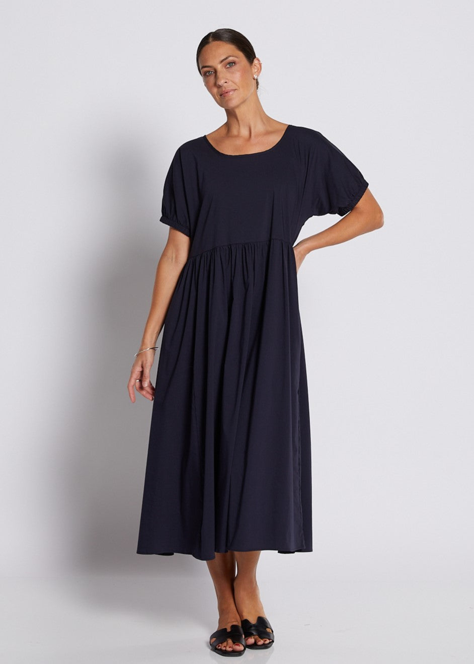 Cotton Relaxed Short Sleeve Midi Dress in Navy