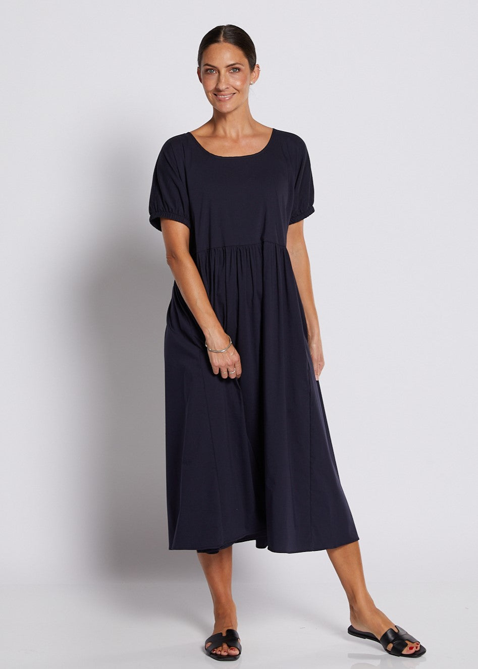 Cotton Relaxed Short Sleeve Midi Dress in Navy