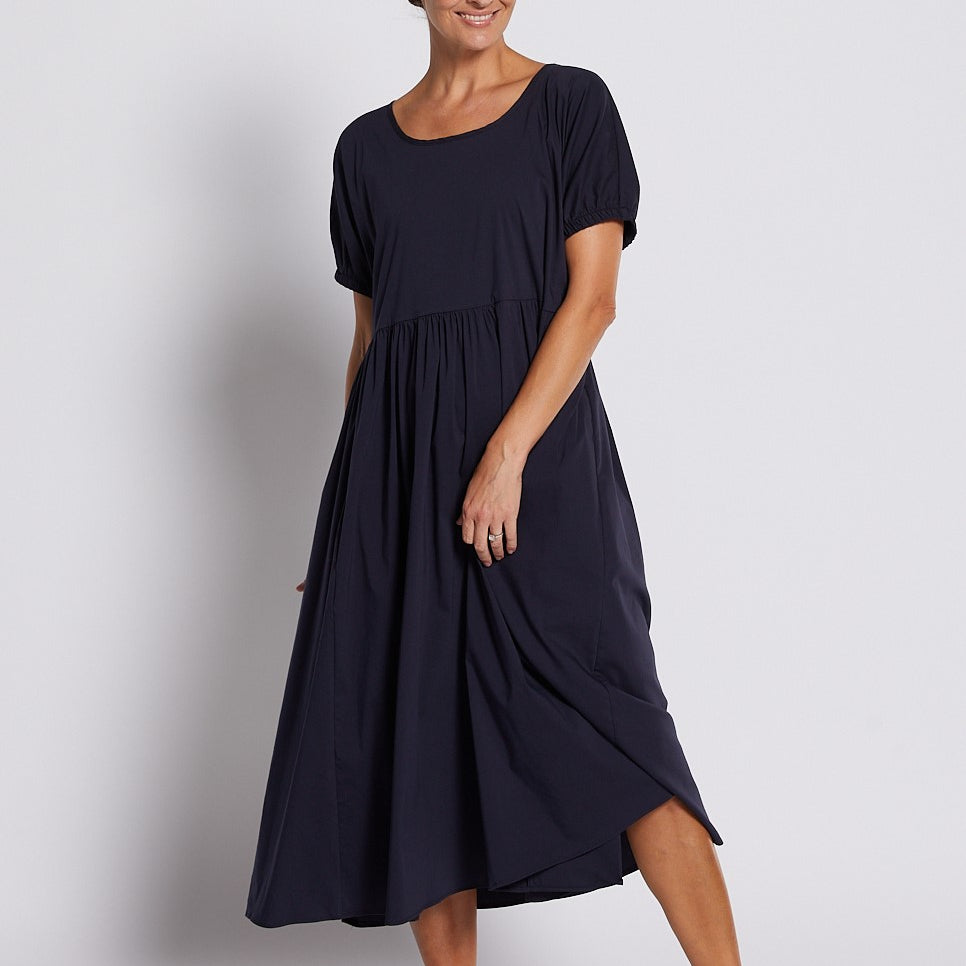 Cotton Relaxed Short Sleeve Midi Dress in Navy