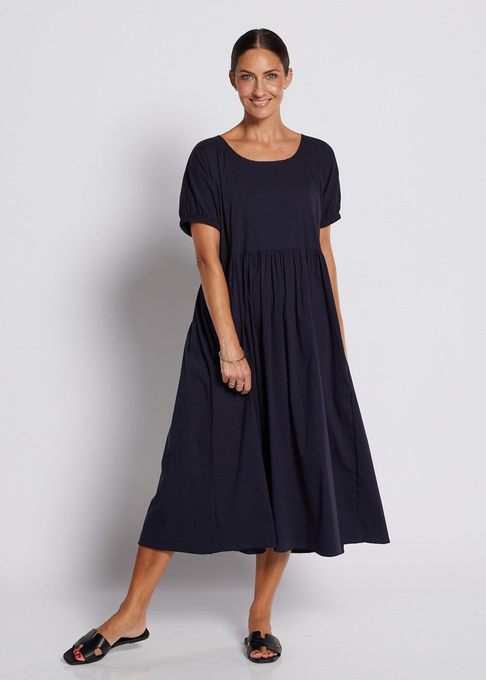 Cotton Relaxed Short Sleeve Midi Dress in Navy
