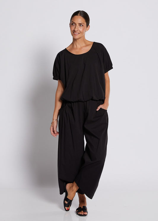 Cotton Relaxed Wide Straight Leg Pocket Pant in Black
