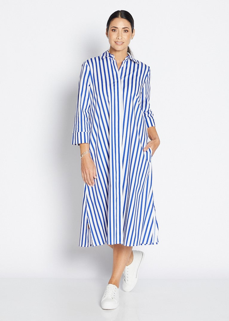 Keira City stretch cotton shirtdress in cobalt stripe
