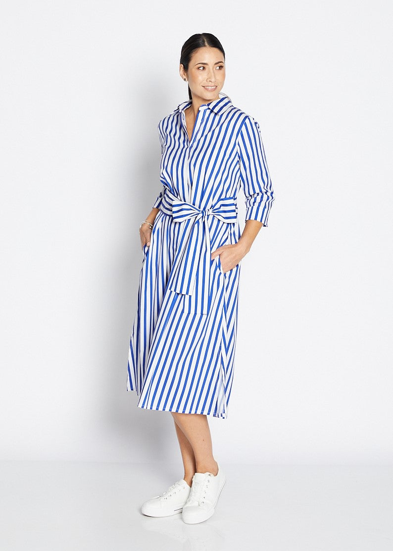 Keira City stretch cotton shirtdress in cobalt stripe