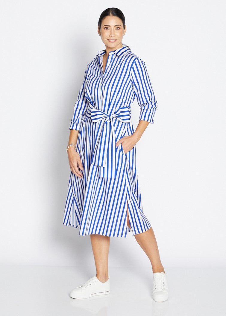 Keira City stretch cotton shirtdress in cobalt stripe
