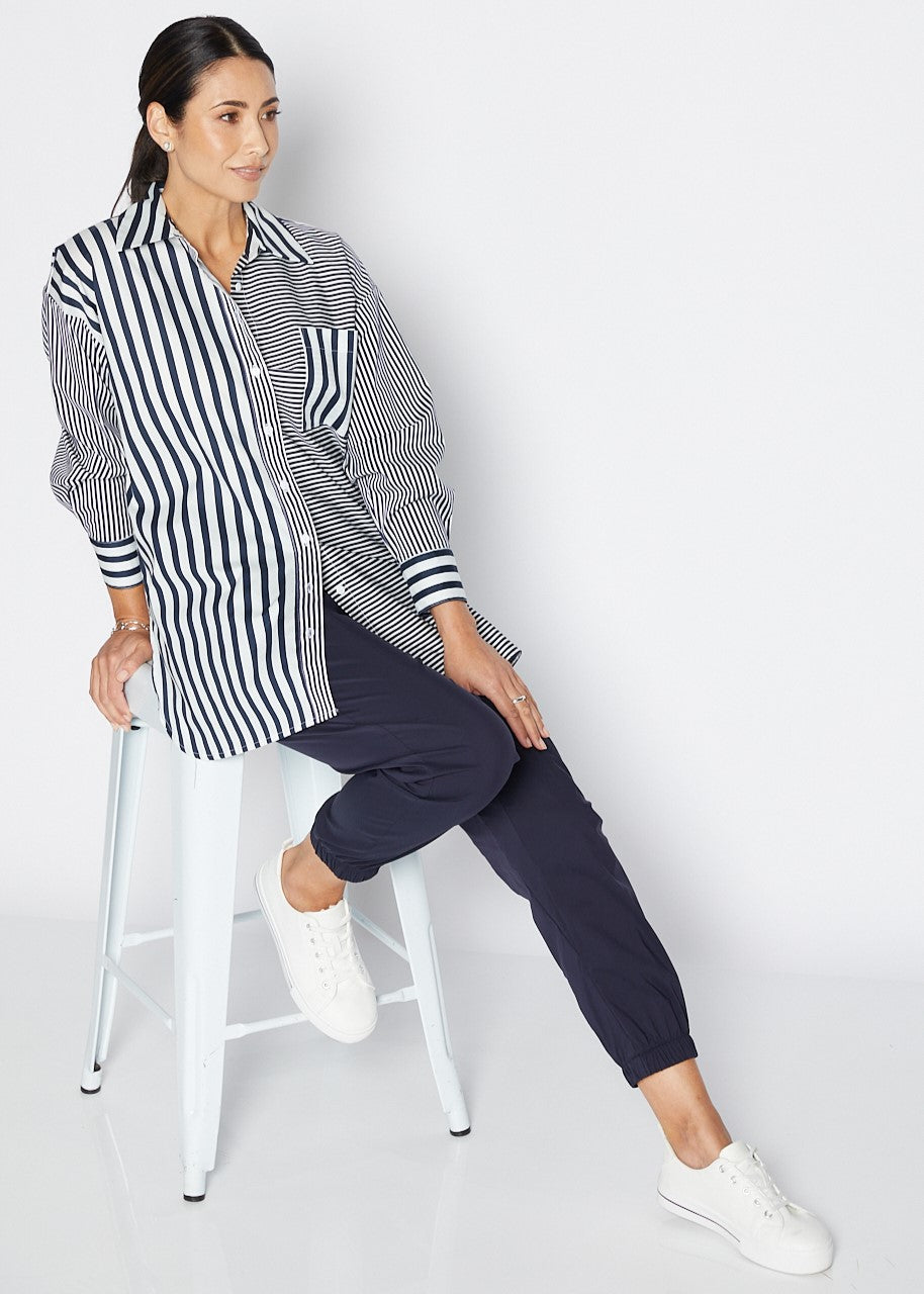 Port City stretch cotton shirt in navy stripe