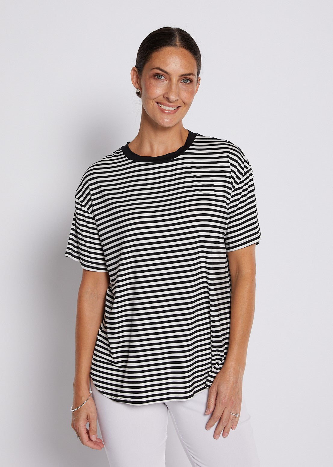 Viscose Jersey Crew Tee in Black and White Stripes