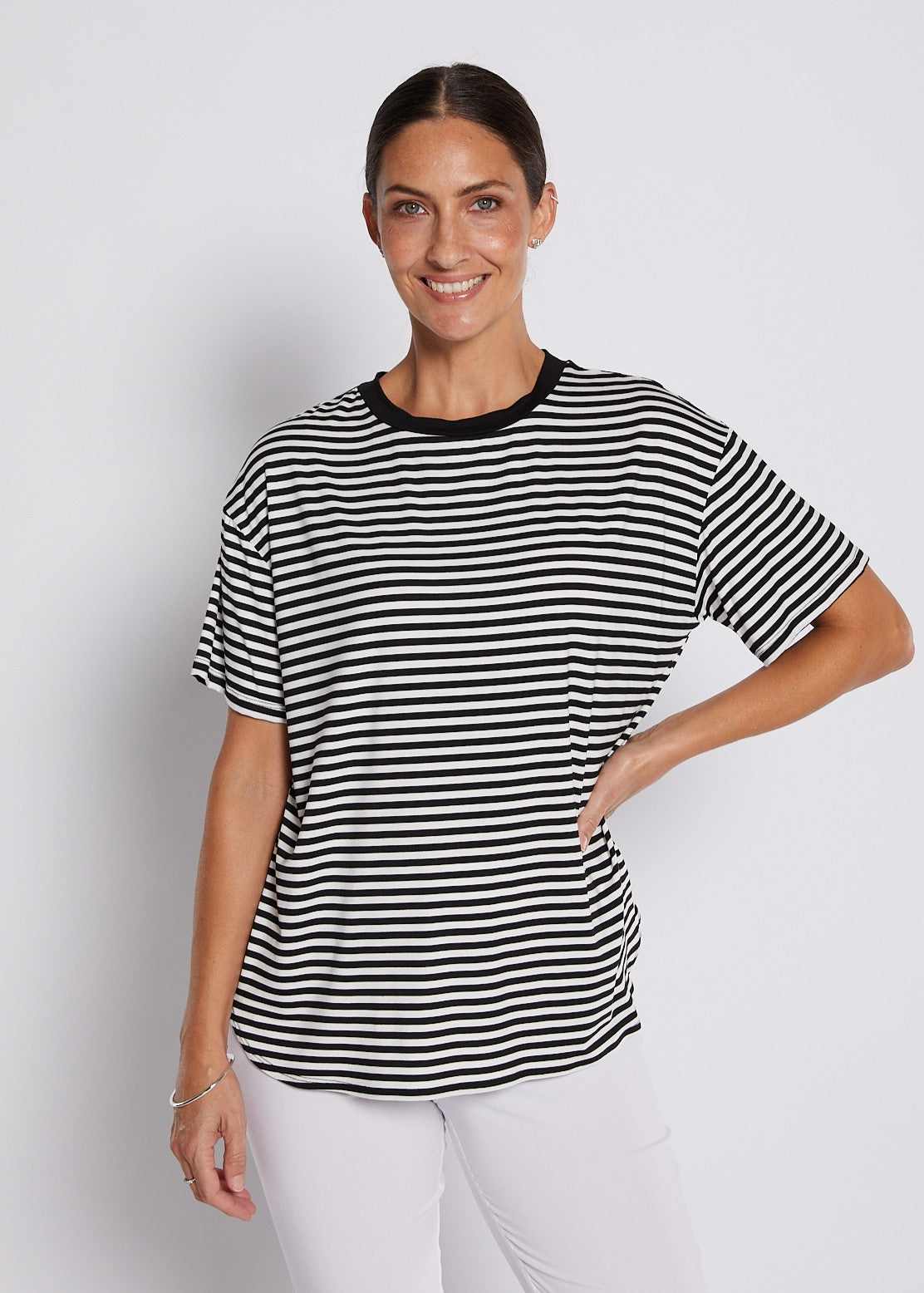 Viscose Jersey Crew Tee in Black and White Stripes