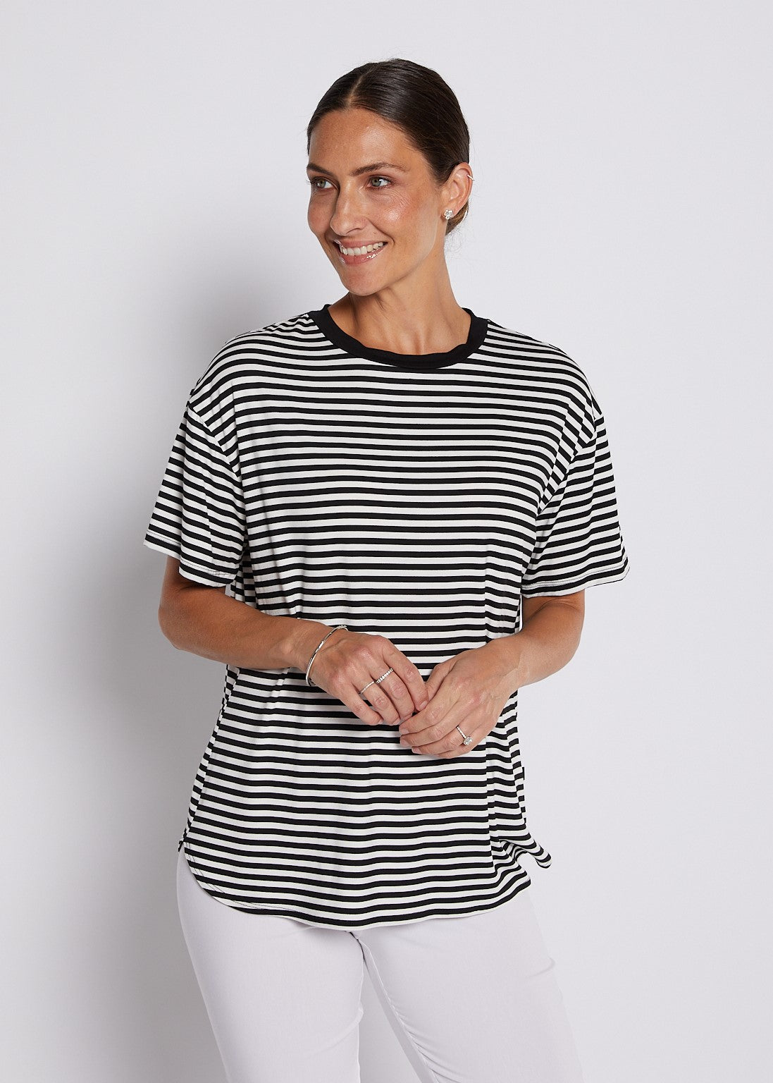 Viscose Jersey Crew Tee in Black and White Stripes
