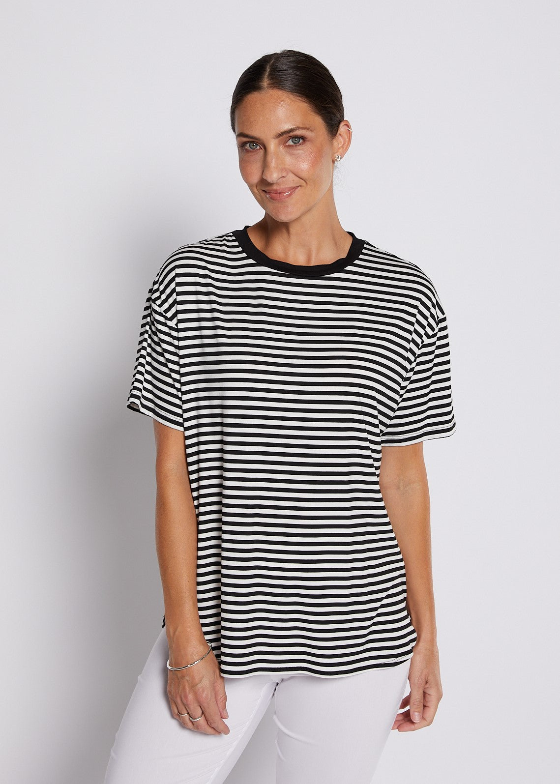 Viscose Jersey Crew Tee in Black and White Stripes