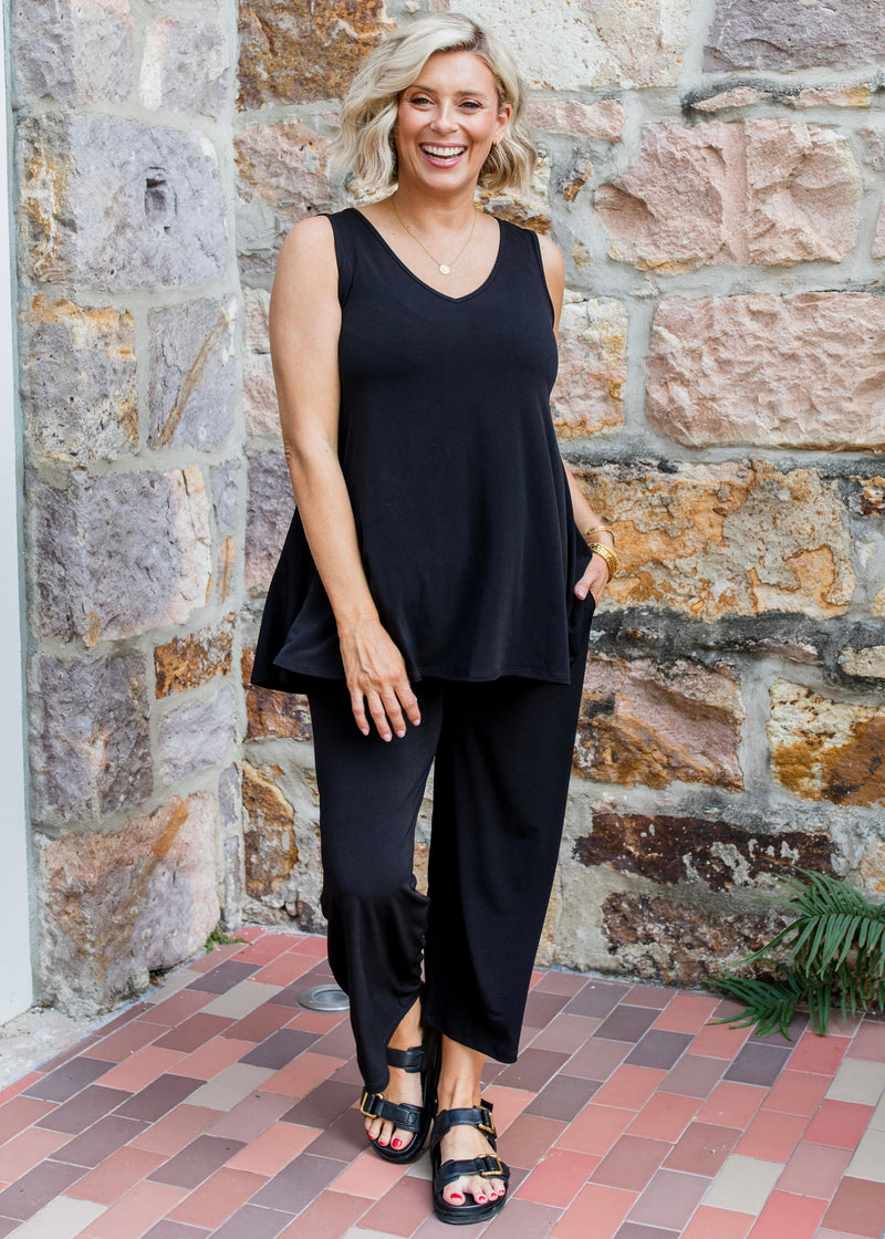 Sun Reversible Foundation Women's tank with scoop or V-neck in black.