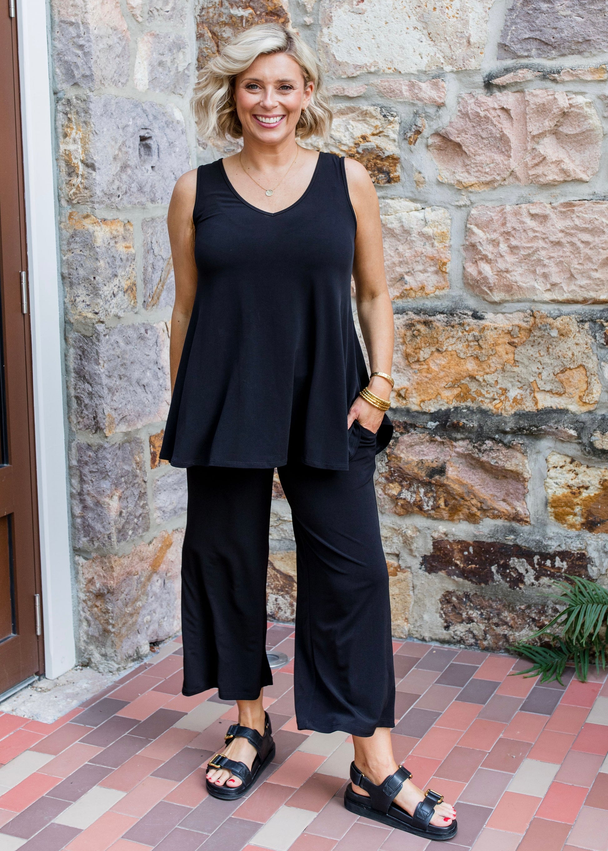 Sun Reversible Foundation Women's tank with scoop or V-neck in black.