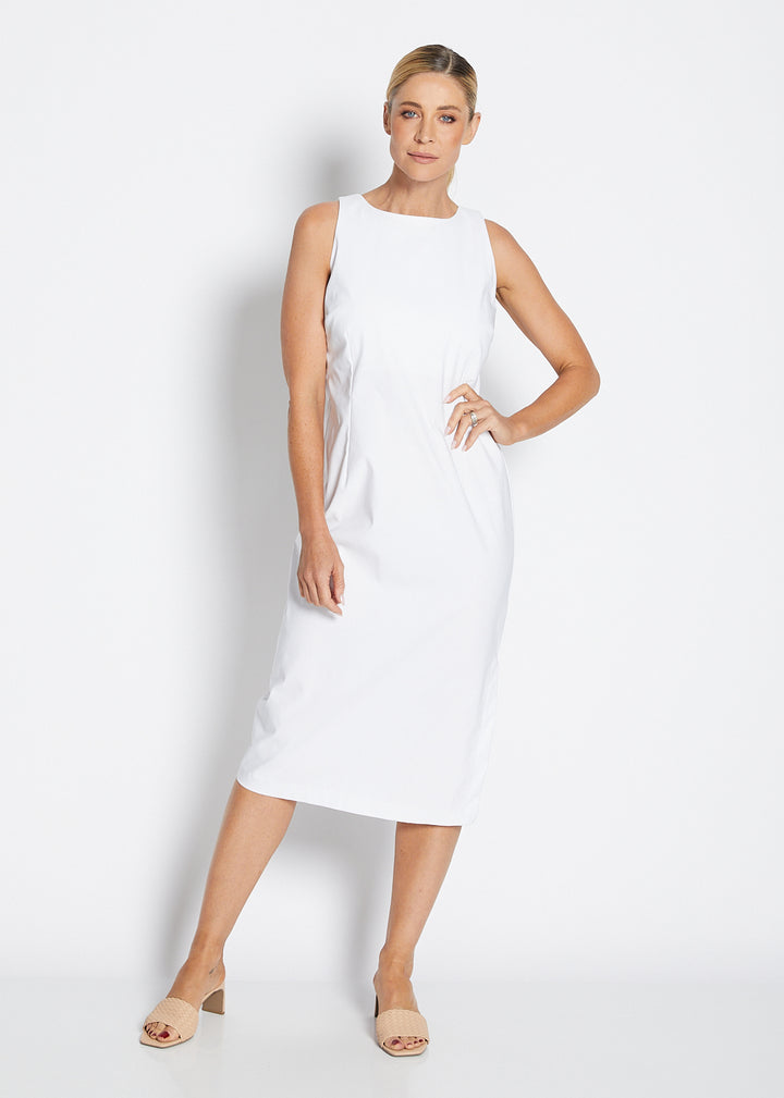 Philosophy Australia Tiffany super stretch Bengaline midi sheath dress in white, made in Australia