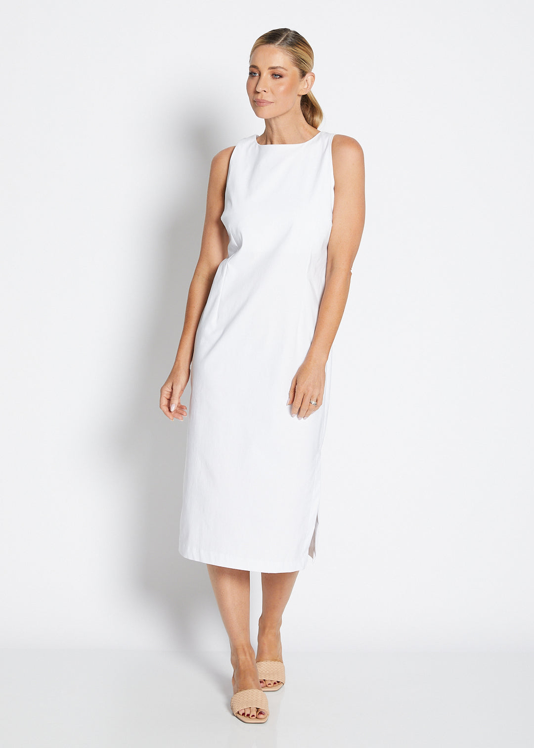 Philosophy Australia Tiffany super stretch Bengaline midi sheath dress in white, made in Australia