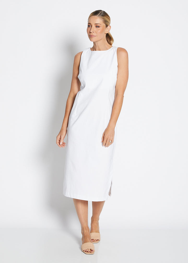 Philosophy Australia Tiffany super stretch Bengaline midi sheath dress in white, made in Australia