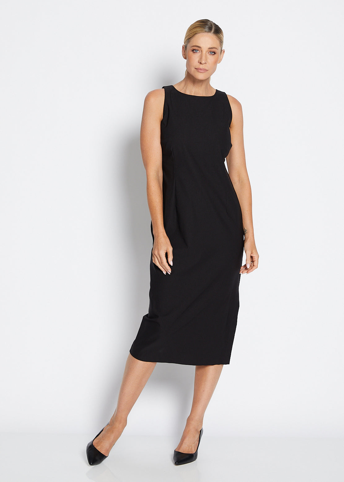Philosophy Australia Tiffany super stretch Bengaline midi sheath dress in black, made in Australia