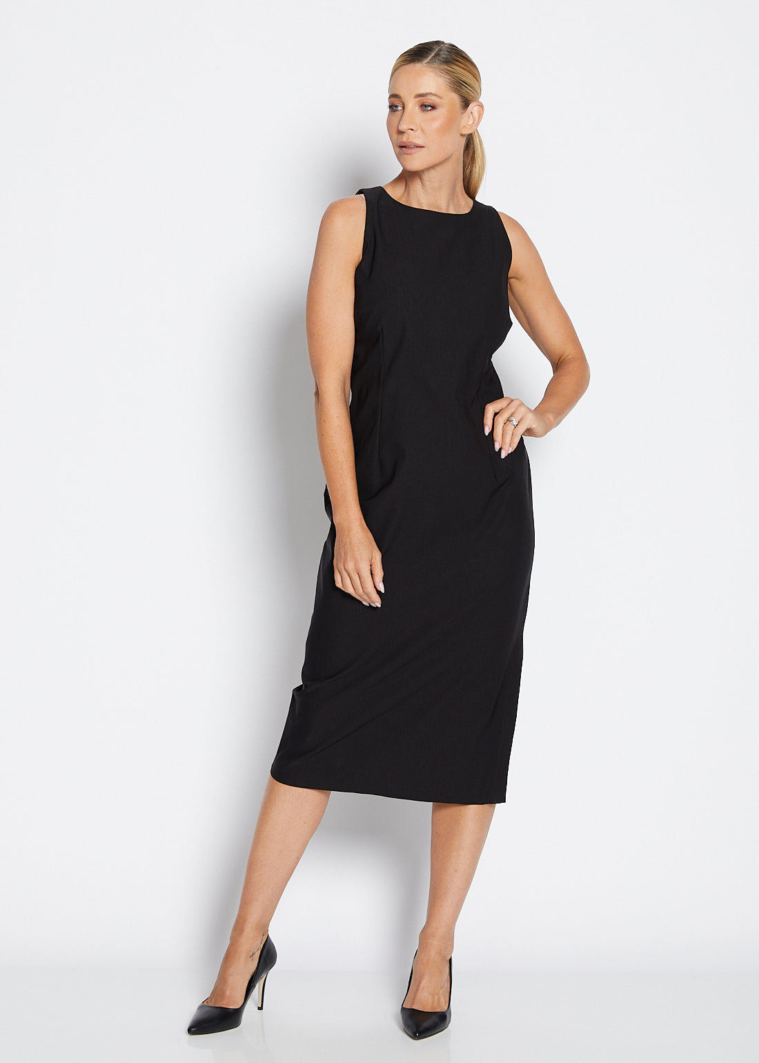 Philosophy Australia Tiffany super stretch Bengaline midi sheath dress in black, made in Australia