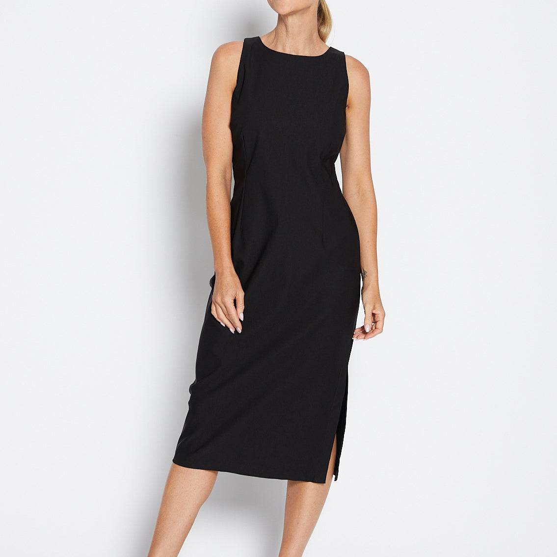 Philosophy Australia Tiffany super stretch Bengaline midi sheath dress in black, made in Australia