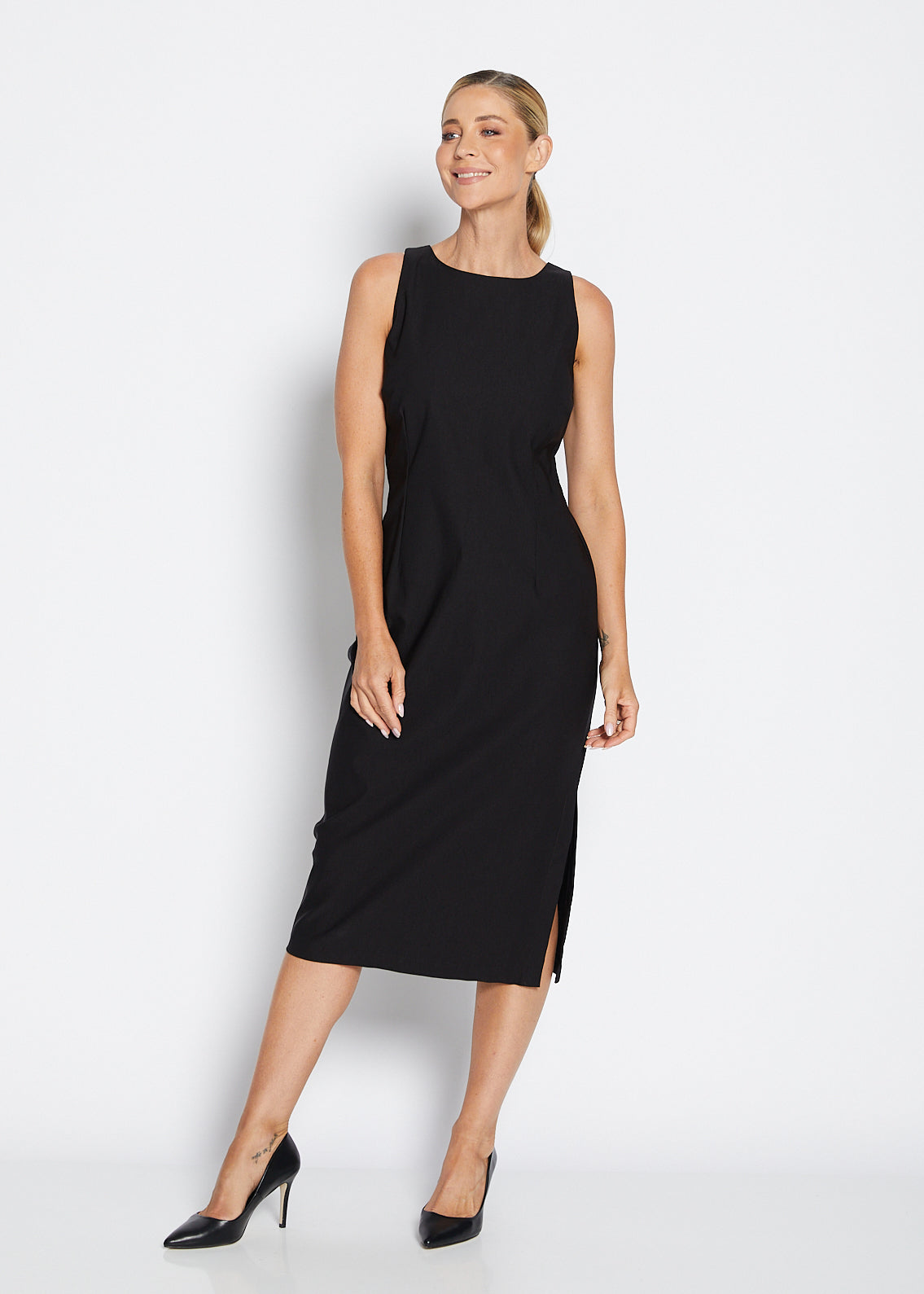 Philosophy Australia Tiffany super stretch Bengaline midi sheath dress in black, made in Australia